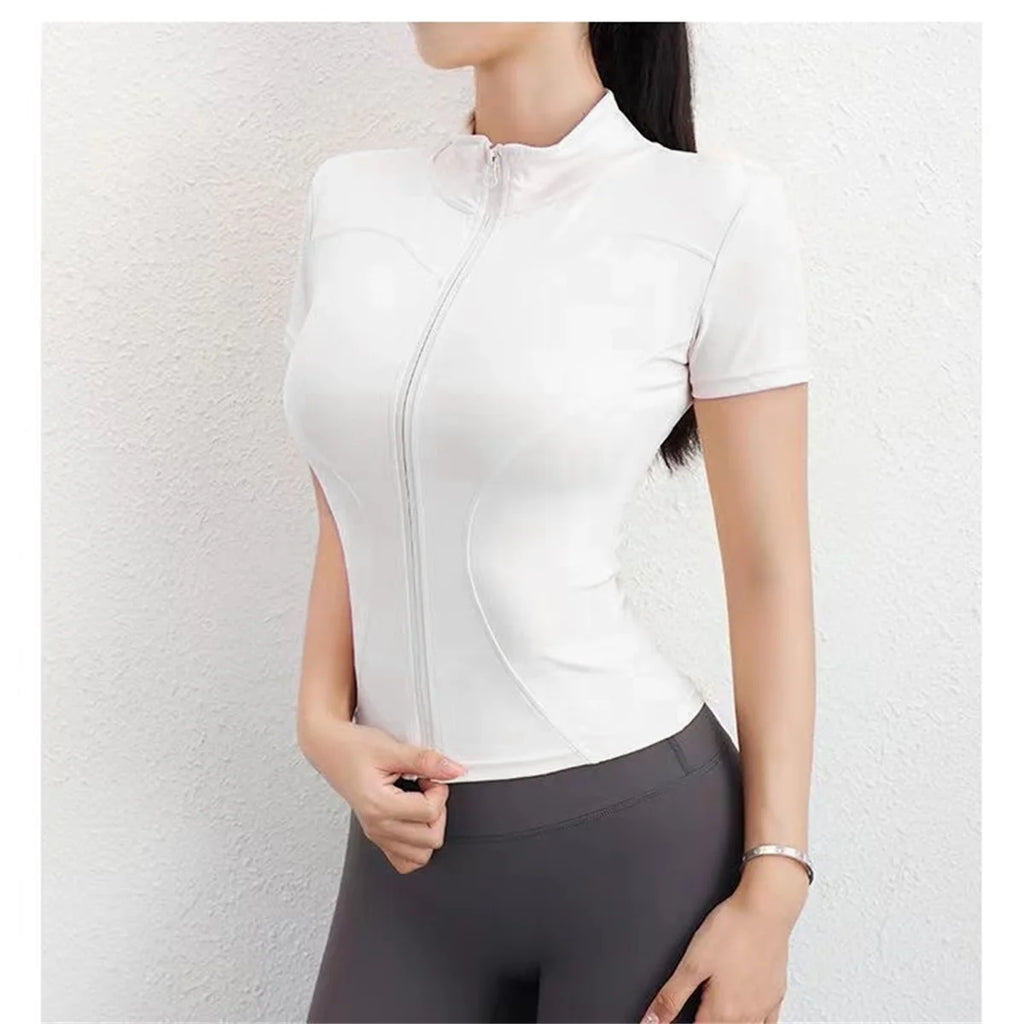 Chaqueta deportiva ajustada para mujer de Glow, con manga corta y cremallera, ideal para correr, yoga y ciclismo en verano