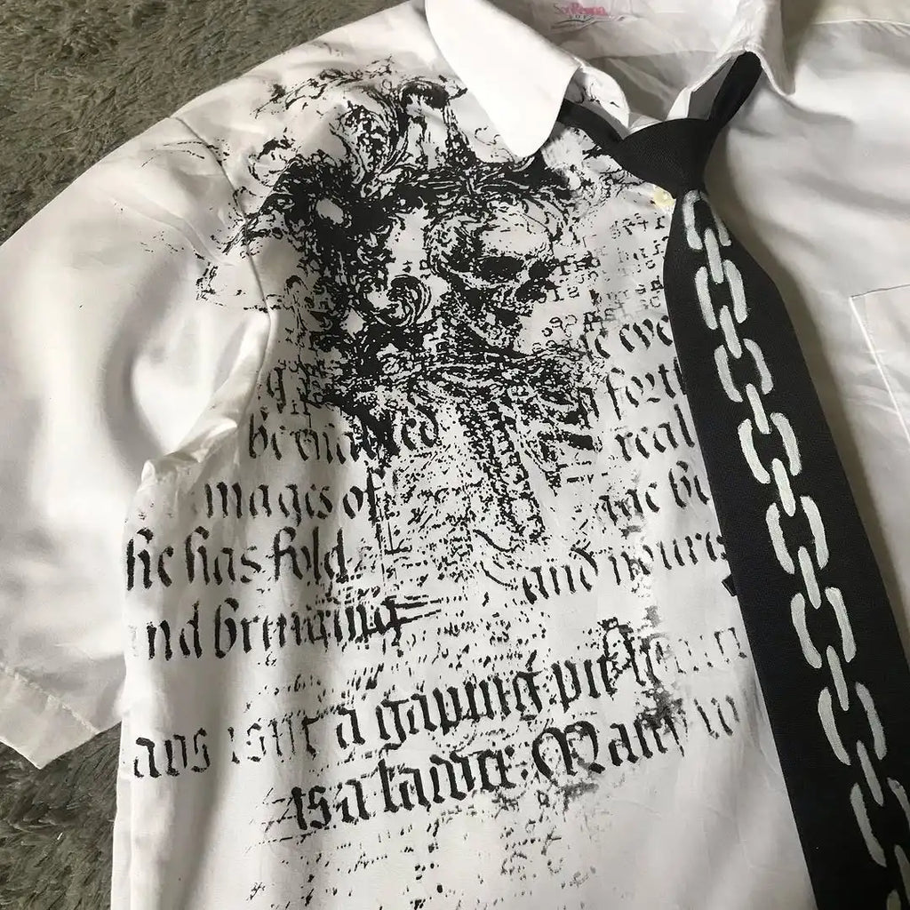 Camiseta blanca Y2K para hombre con estampado de calavera y letras, estilo gótico retro Harajuku, manga corta de la marca Glow