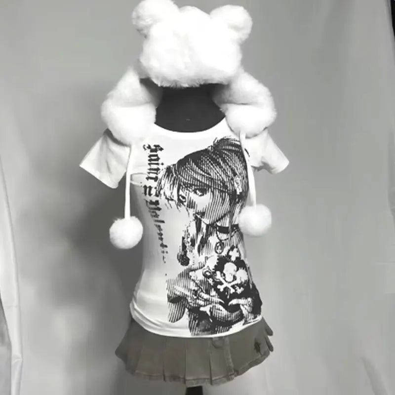 Camiseta de calle anime Y2K para mujer de Glow, con estampado de texto y estilo vintage, ropa casual y emo estética.