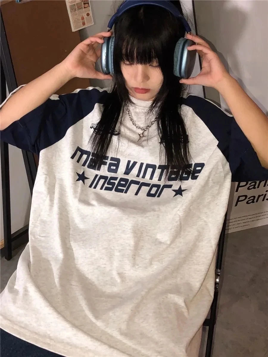 Camiseta de manga corta vintage coreana Glow, estilo Harajuku Egirl y grunge, ropa de calle oversized para moda urbana.
