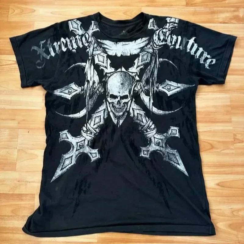 Camiseta blanca Y2K para hombre de Glow, con estampado de calavera y letras sagradas, estilo gótico retro de manga corta