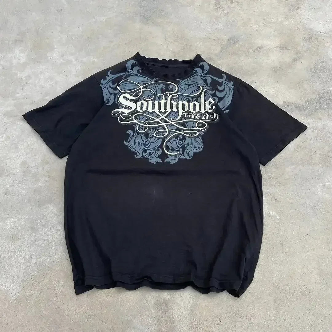 Camiseta blanca Y2K para hombre con estampado de calavera y letras sagradas, estilo retro Harajuku de manga corta, marca Glow.
