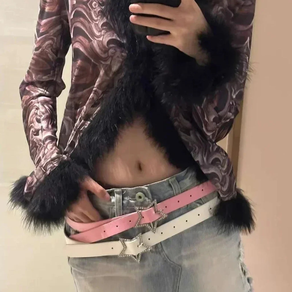 Cinturón Glow con hebilla de estrella Y2K, cuero rosa con encuadernación elástica y diamantes de imitación brillantes para novia