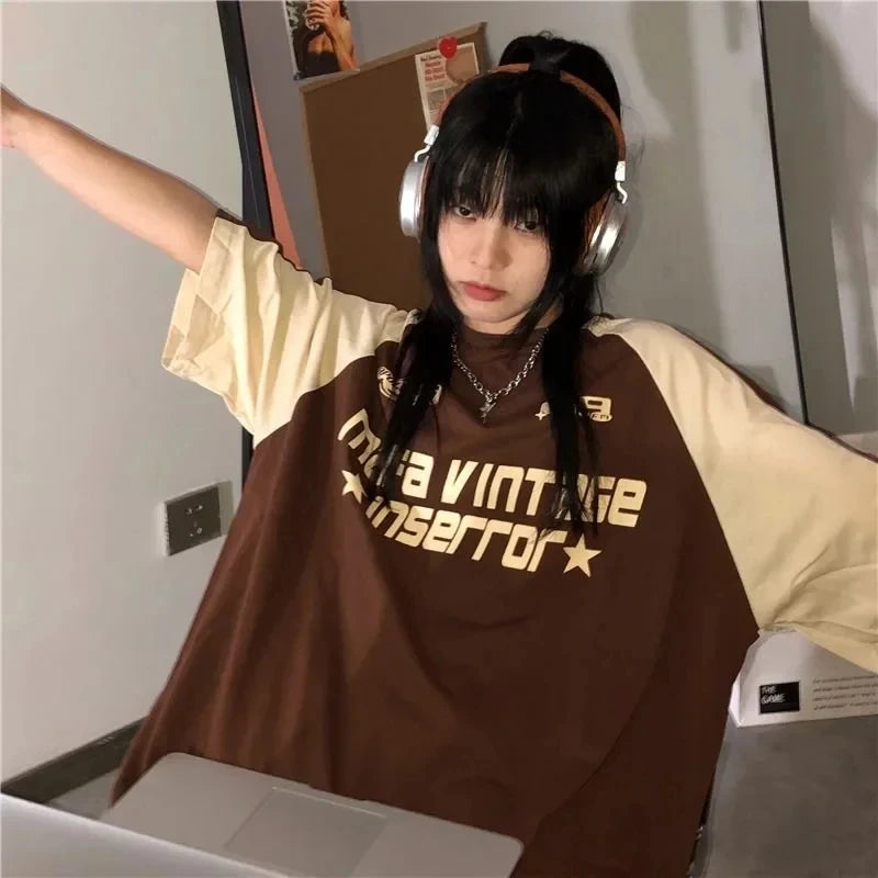 Camiseta de calle vintage coreana Glow, manga corta estilo Harajuku Egirl, ropa grunge oversized, moda juvenil y urbana