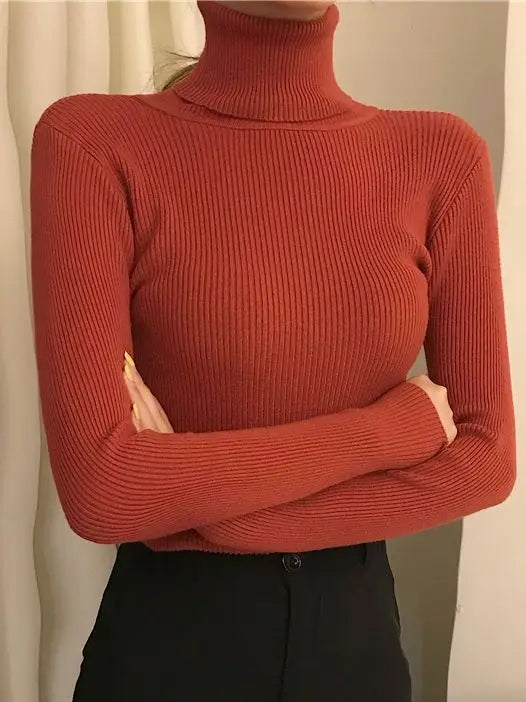 Suéter de cuello alto para mujer de cachemira en color gris, jerseí suave de punto, ideal para otoño, estilo básico y elegante.