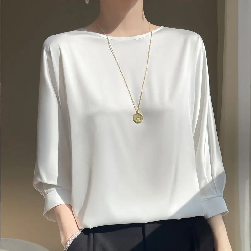Camiseta de seda satinada de media manga para mujer, básica sólida, cuello redondo y estilo informal, marca Glow.