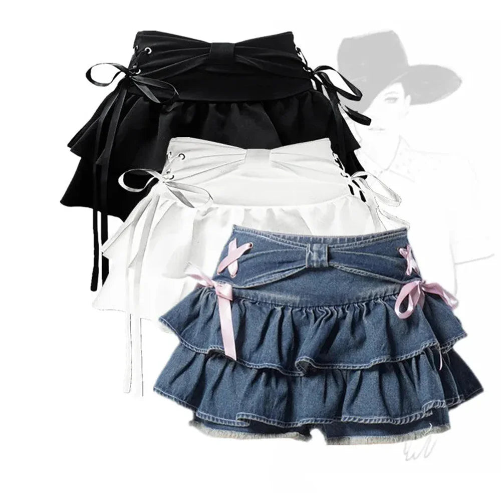 Minifalda de mezclilla vintage para mujer con lazo Kawaii, estilo gótico y sexy, ropa de calle de verano de marca Glow