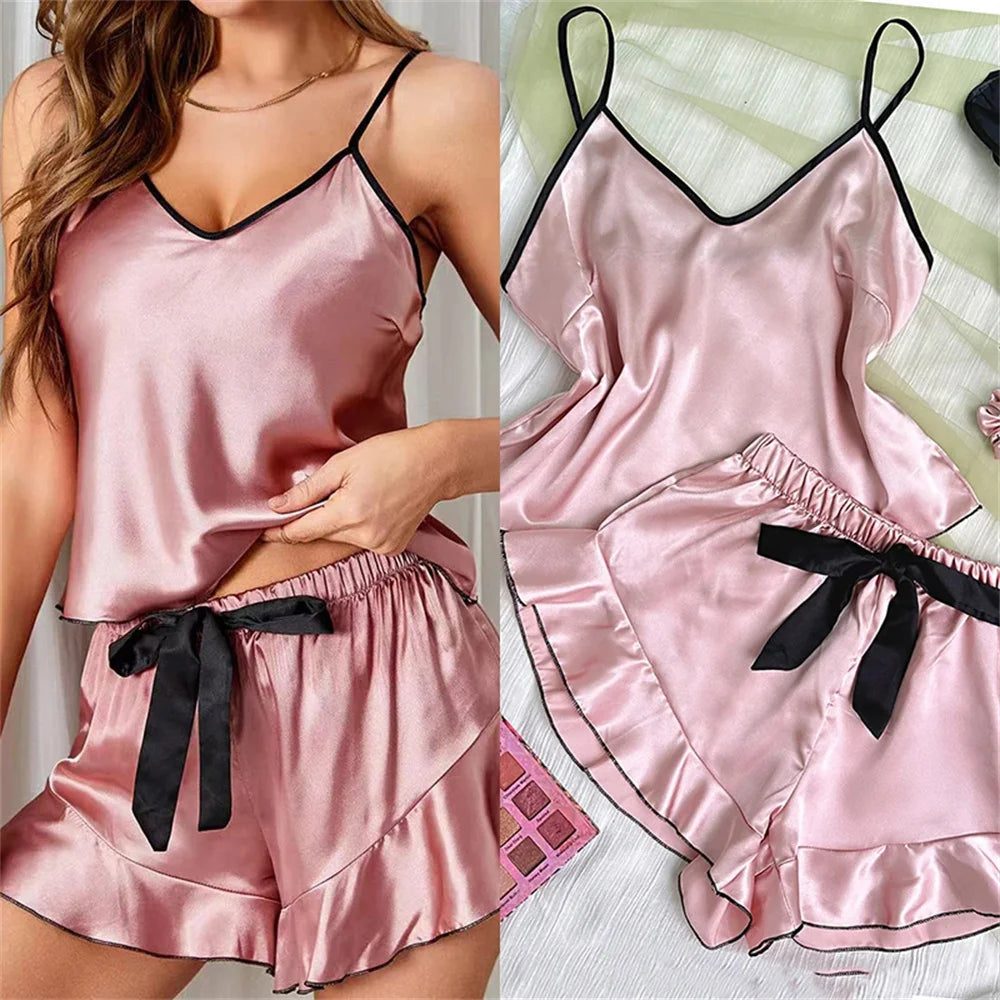 Conjunto de pijamas de satén para mujer de Glow, camiseta con cuello en V y pantalones cortos con lazo, transpirable y cómodo para el hogar.