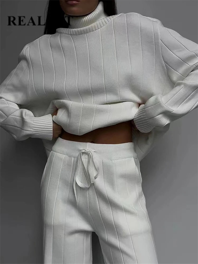 Conjunto de chándal de punto blanco para mujer, suéter de cuello alto y pantalón recto, ideal para otoño e invierno, marca Glow.