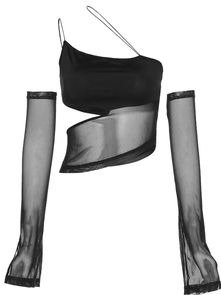 Top corto asimétrico de malla con mangas, estilo grunge de hadas, camiseta sin mangas transparente de la marca Glow.