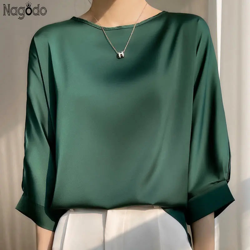 Camiseta de seda satinada de manga media para mujer, básica, sólida y holgada con cuello redondo, de la marca Glow.