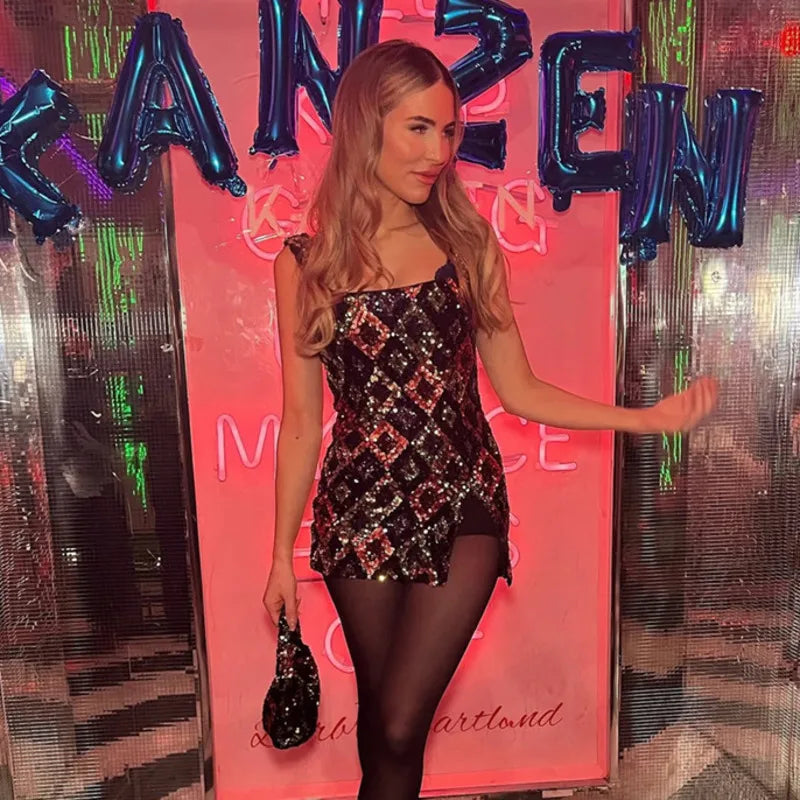 Vestido sexy de lentejuelas y estampado de diamantes coloridos para mujer, vestido de fiesta elegante con espalda descubierta, mini verano 2025