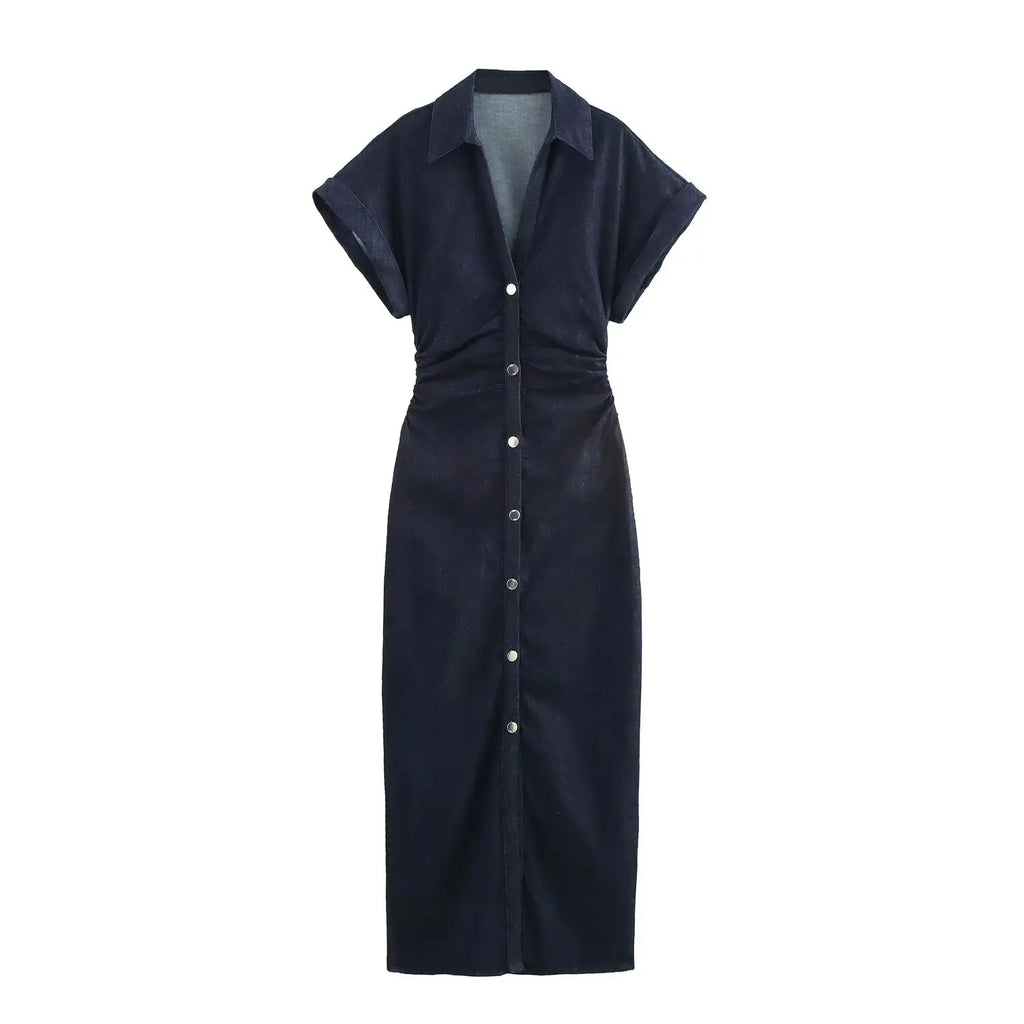 Vestido midi de mezclilla Glow ETJ 2025 traf primavera con solapa, cremallera lateral y cintura arrugada, estilo elegante y moderno.