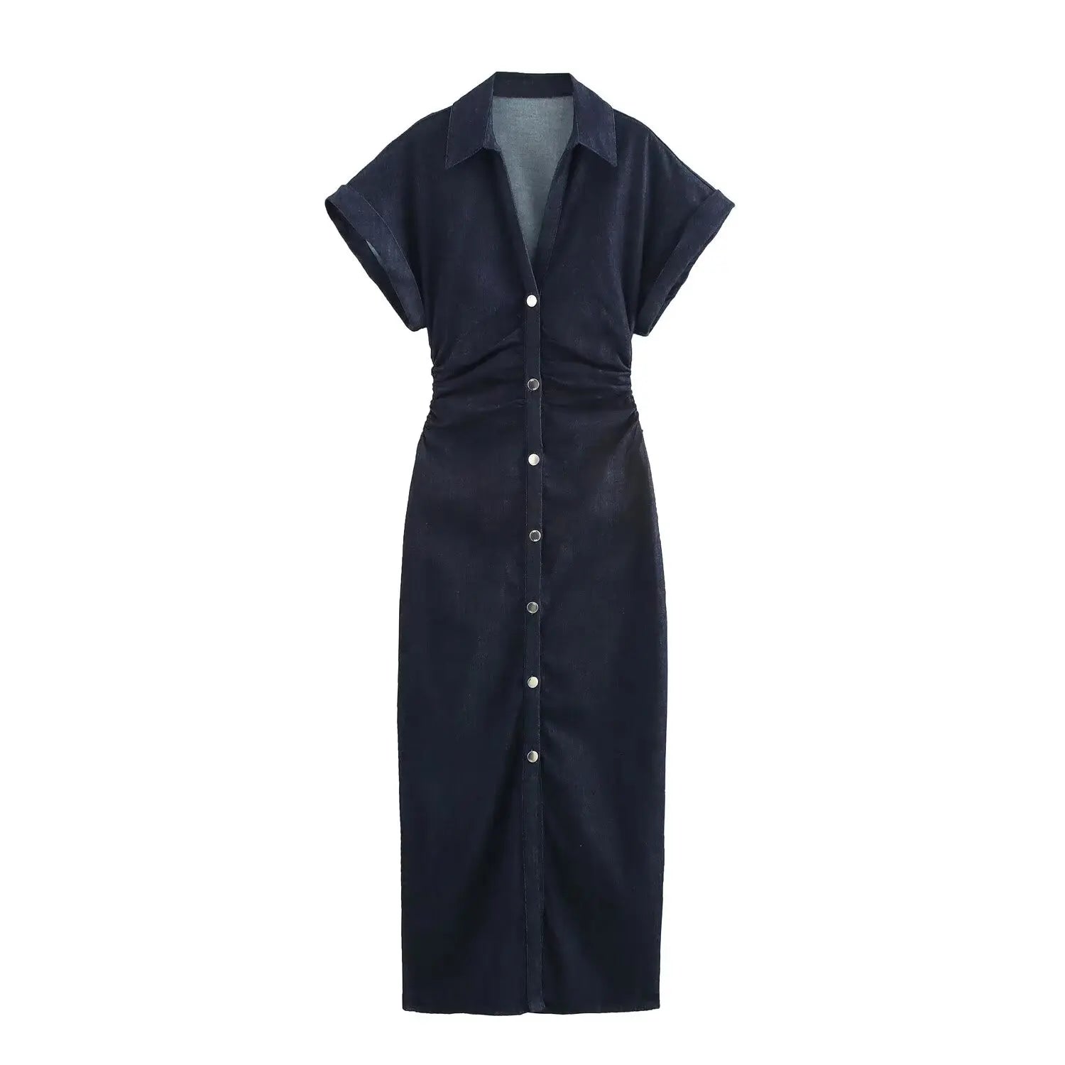 Vestido midi de mezclilla Glow ETJ 2025 traf primavera con solapa, cremallera lateral y cintura arrugada, estilo elegante y moderno.