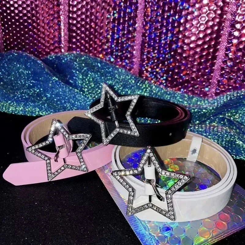 Cinturón rosa con hebilla de estrella Y2K y encuadernación elástica de cuero, decorado con diamantes de imitación brillantes, para novia.