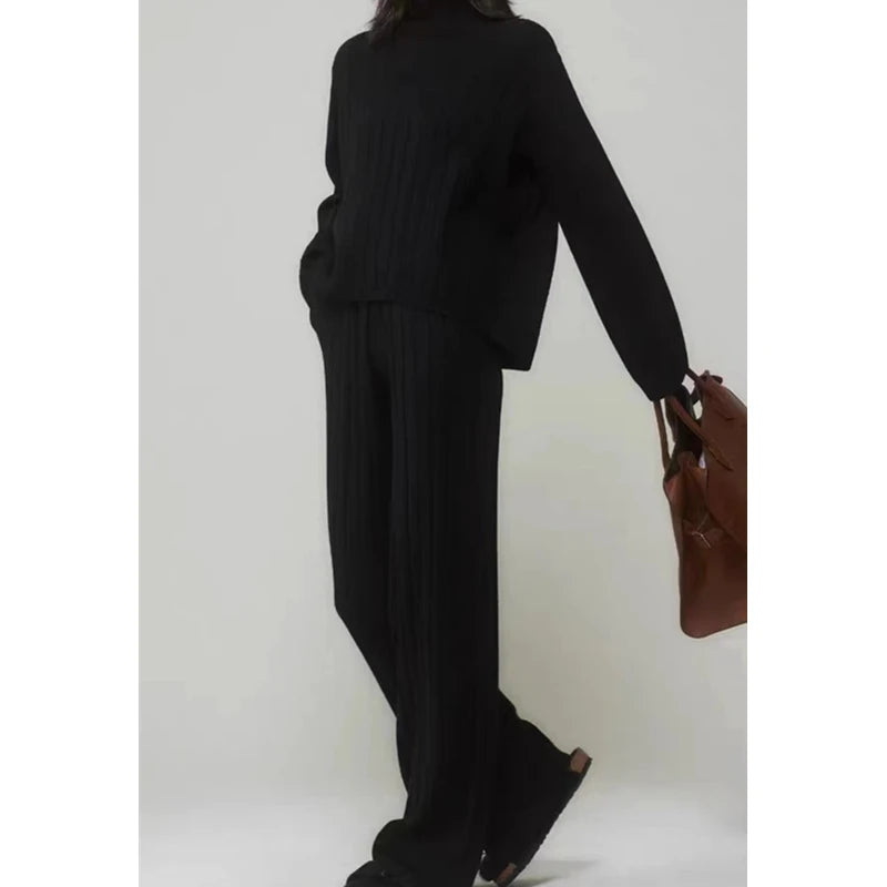 Conjunto de chándal de punto blanco para mujer de Glow, suéter de cuello alto y pantalón recto para otoño-invierno 2023