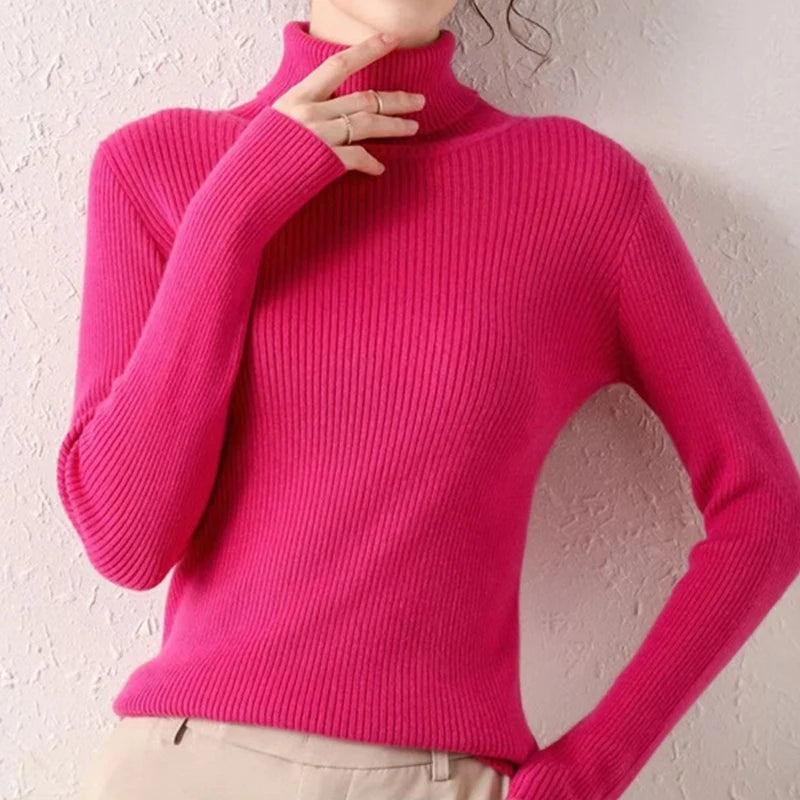 Suéter de cuello alto de otoño para mujer de la marca Glow, suave, de punto y cachemira, en color neutro, con diseño básico y cómodo.