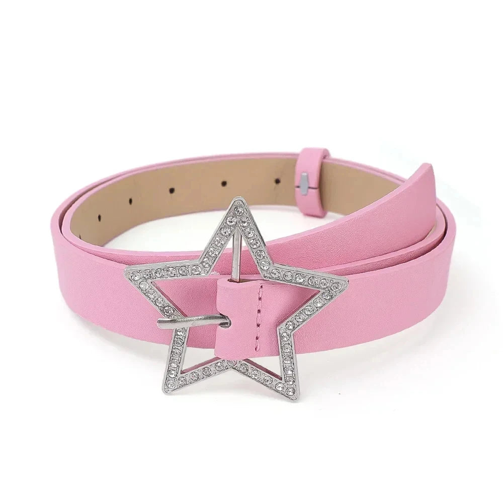 Cinturón Glow con hebilla de estrella Y2K, banda de cuero rosa con encuadernación elástica y diamantes de imitación brillantes