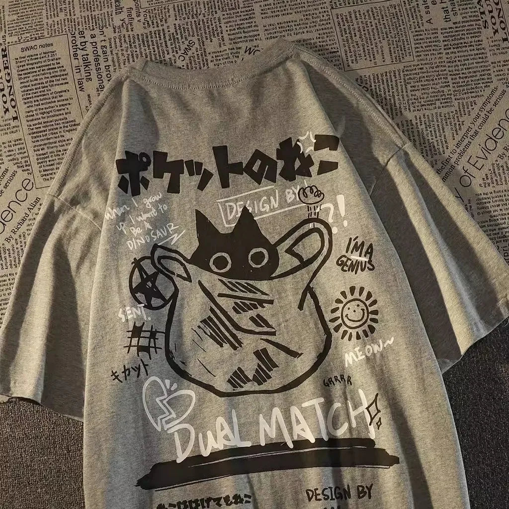 Camiseta de manga corta unisex con estampado de gato y bolsillo retro japonés, estilo universitario para verano, de la marca Glow.