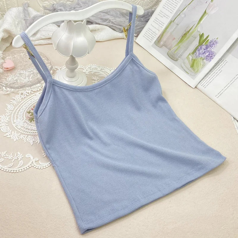 Camisola pequeña de verano para niñas y estudiantes de la marca Glow, con look adelgazante y chaleco de hilo en color sólido