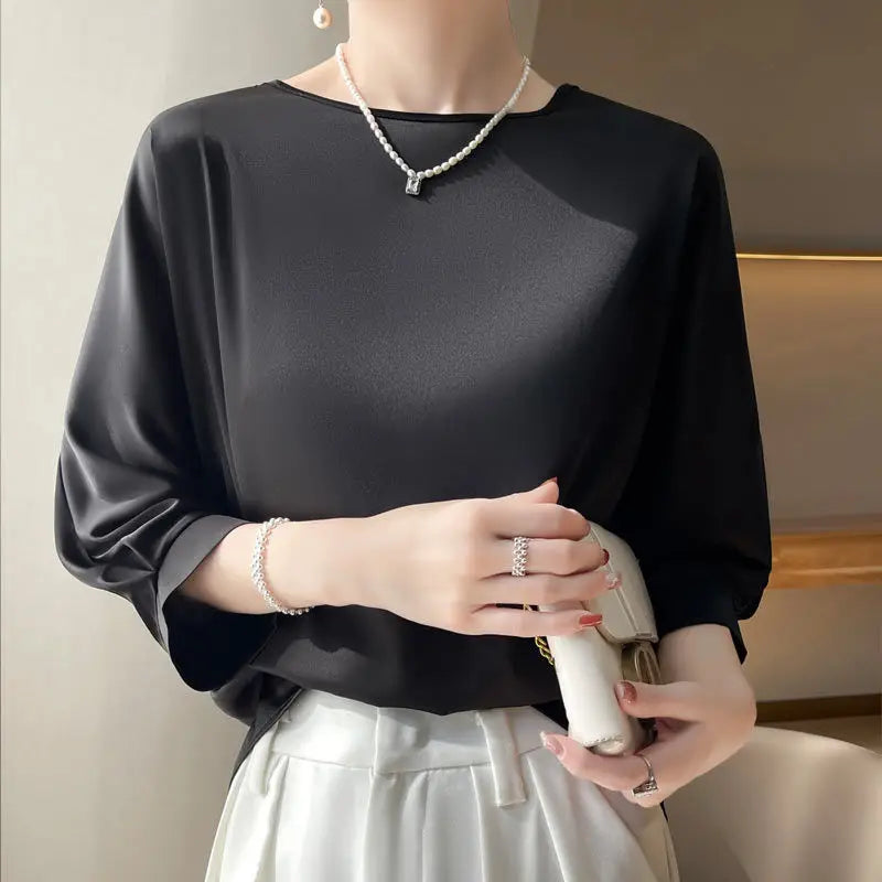 Camiseta de seda satinada de media manga para mujer, básica y holgada con cuello redondo, estilo casual y elegante de Glow.