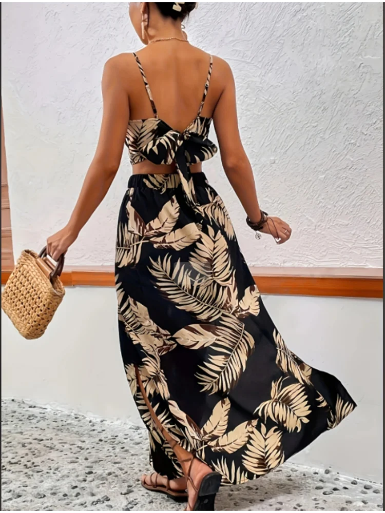 Vestido elegante de mujer Glow con cuello en V profundo, falda sin mangas y chaleco estampado, ideal para verano y looks de tendencia.
