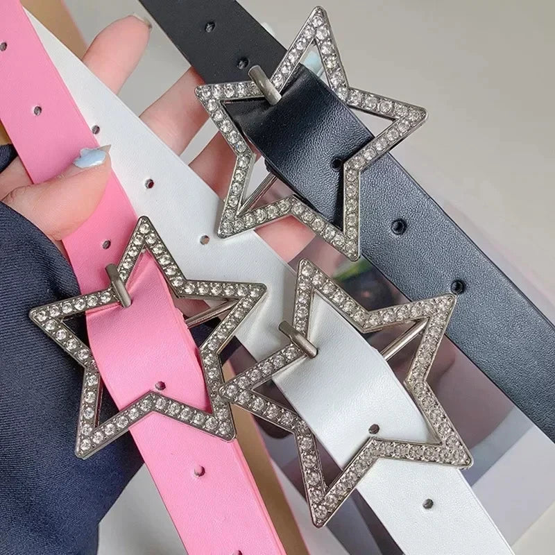 Cinturón Glow con hebilla de estrella Y2K, cuero rosa con encuadernación elástica y diamantes de imitación brillantes para novia
