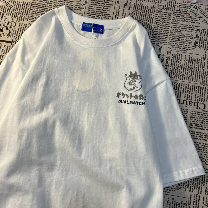 Camiseta de manga corta unisex con estampado de gato y bolsillo retro japonés, estilo universitario para verano de la marca Glow.