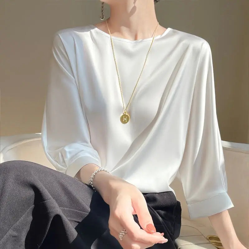 Camiseta de seda satinada de media manga para mujer, básica, sólida, con cuello redondo y estilo informal de Glow.