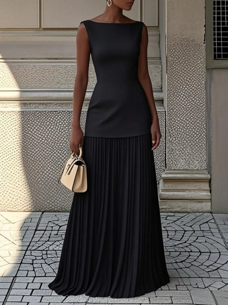 Conjunto de faldas plisadas y vestido sin mangas con cuello oblicuo, elegante y bohemio para mujer, ideal para verano.