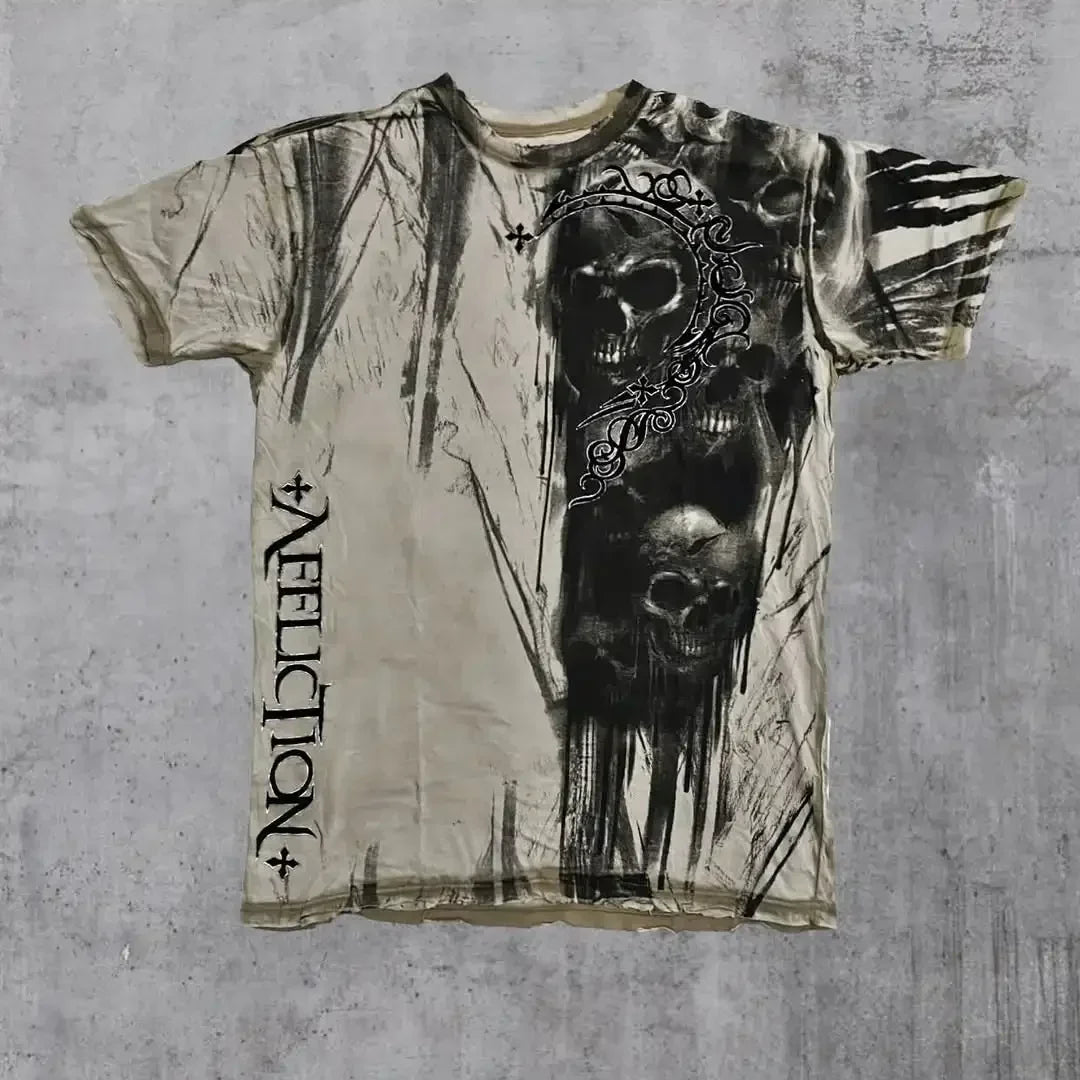 Camiseta blanca Y2K para hombre con estampado de letras y calavera, estilo retro Harajuku gótico de manga corta de Glow
