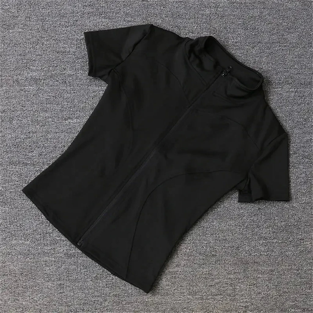 Chaqueta deportiva ajustada para mujer Glow, top de manga corta con cremallera, ideal para correr, yoga y ciclismo en verano.