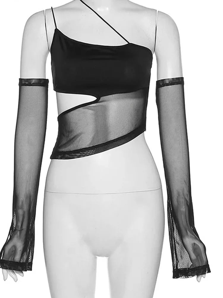 Top corto asimétrico de malla transparente con mangas, estilo grunge de hada, camiseta sin mangas de marca Glow.