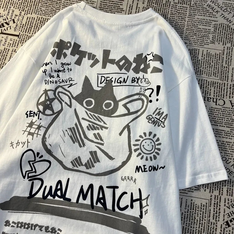 Camiseta de manga corta unisex con estampado de gatos y bolsillo retro japonés, estilo universitario para verano.