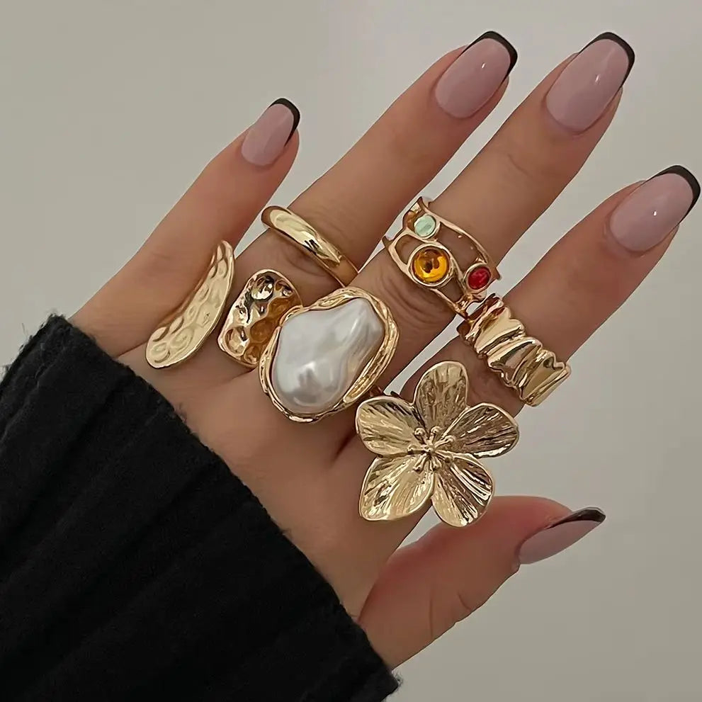 Anillo abierto de metal irregular con flor y perla de imitación, joyería elegante barroca para mujeres, marca Glow.