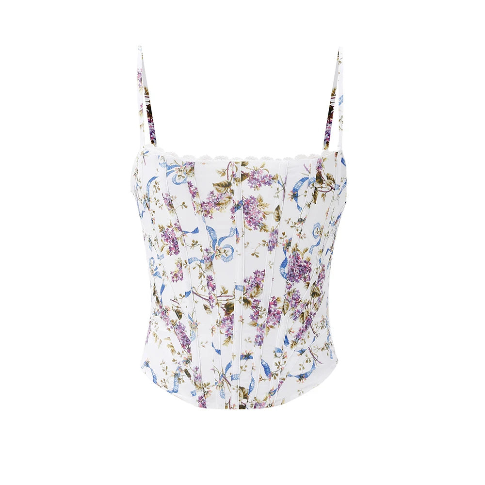 Top corto de verano para mujer Glow Mingmingxi con estampado floral, corsé sexy y detalles de cordones, estilo moderno y juvenil.