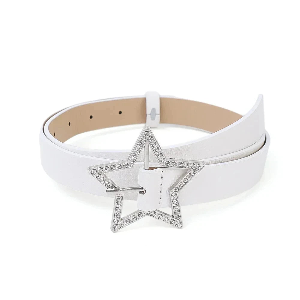 Cinturón Glow con hebilla de estrella Y2K, cuero rosa con encuadernación elástica y adornos de diamantes de imitación brillantes.