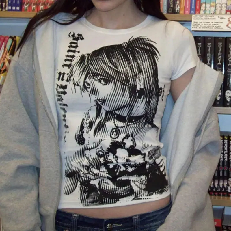 Camiseta corta vintage de anime y estilo Y2K para mujer de Glow, con estampado de texto y cuello redondo, moda Harajuku.