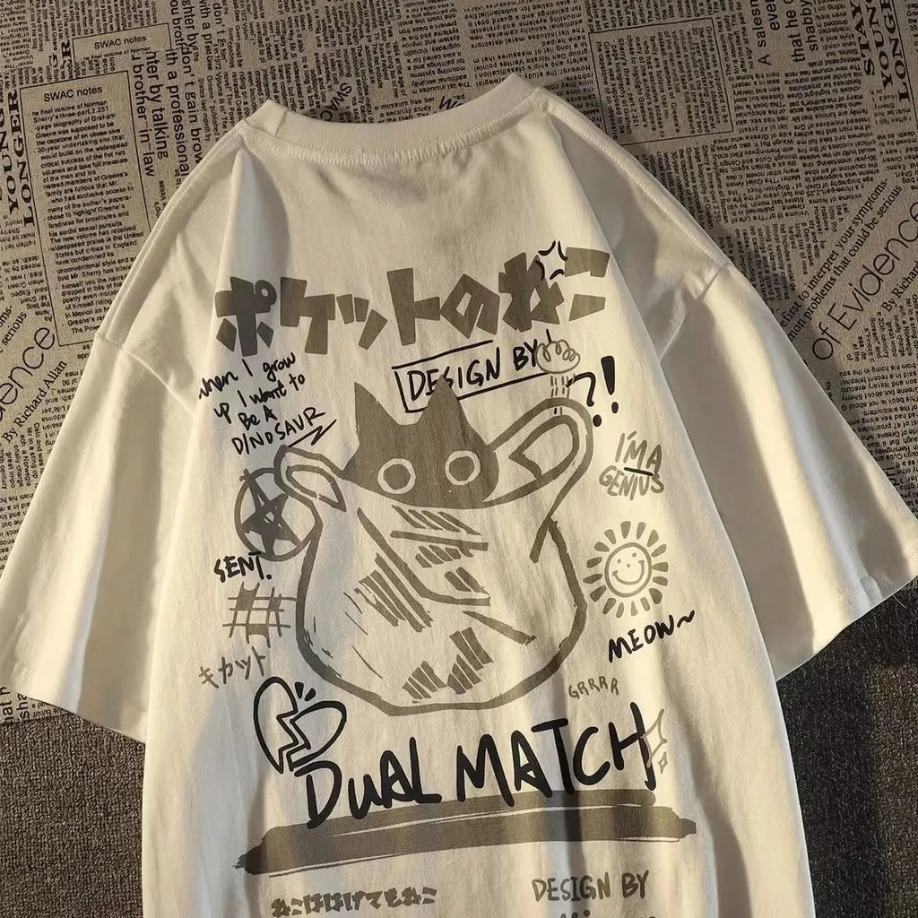 Camiseta de manga corta unisex con estampado de gatos y bolsillo retro japonés, estilo universitario para verano, marca Glow
