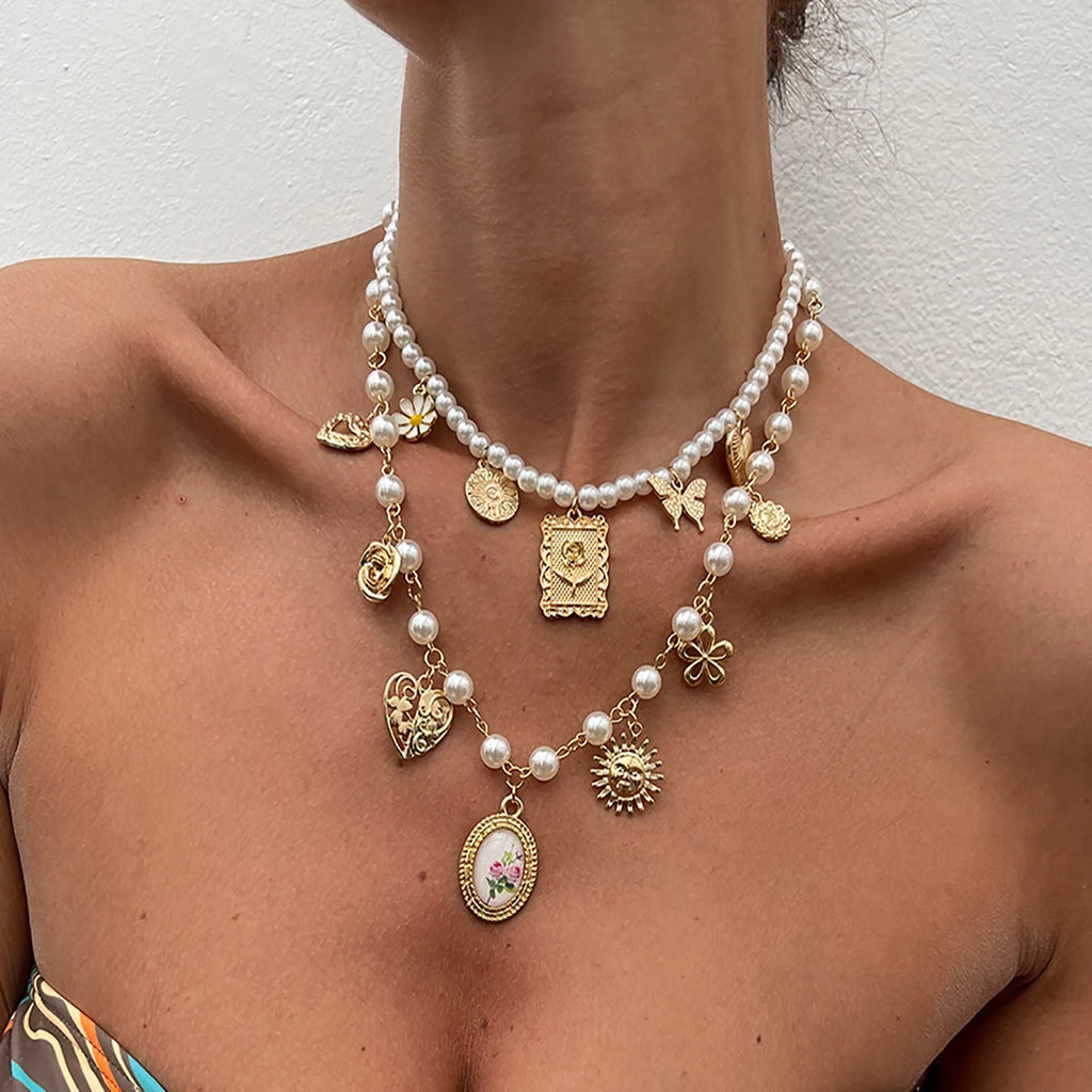 Collar de lujo Glow con colgante de mariposa, girasol y corazón, perlas de imitación, joyería de declaración para mujer