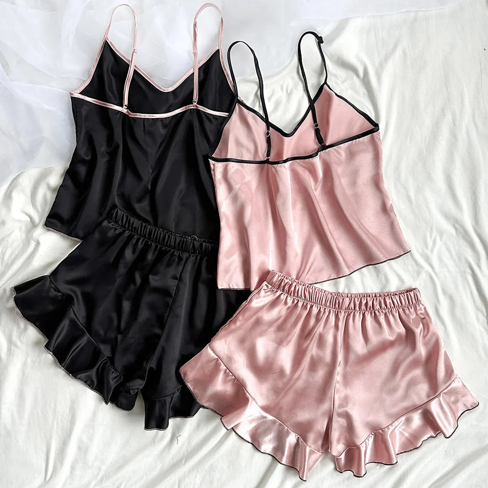 Pijama de satén liso para mujer de Glow, camiseta con cuello en V, bordes con volantes y pantalones cortos con lazo, ropa cómoda para el hogar.