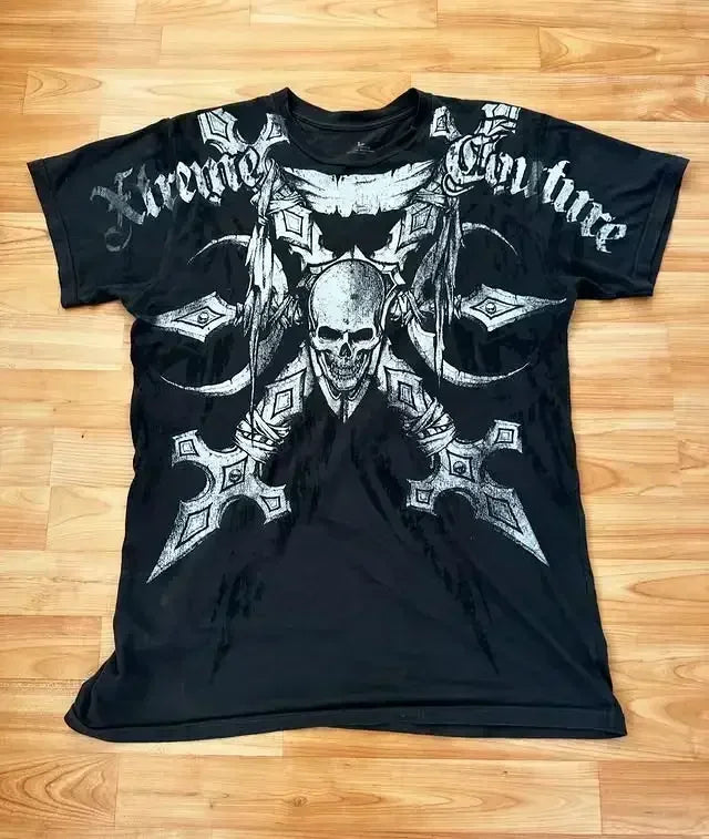 Camiseta blanca Y2K de Glow para hombre con estampado de calavera y letras sagradas, estilo retro harajuku gótico con manga corta
